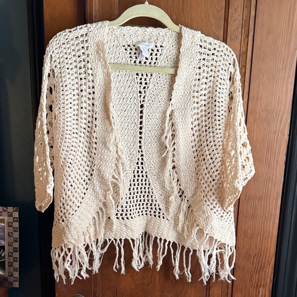 Chico's Sweaters - Chico's Beige Cream Fringed Open-Knit Crochet Cardigan 1 M Medium
